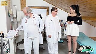 Horny Brunette Teen Sarah Simons Gets Examined And Is Made To Cum By 2 Old Doctors